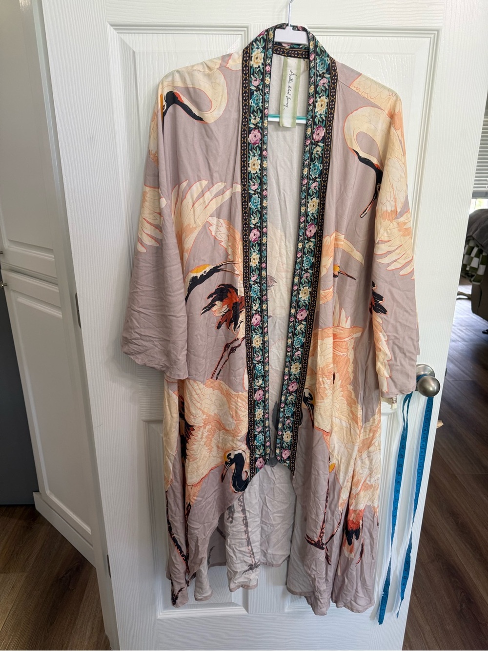 Aratta Silent Journey Story of Crane Print Duster Kimono Boho Floral Trim OS NWT